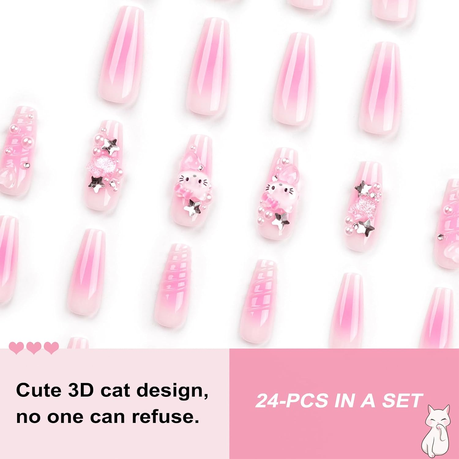 24PCS French Pink Kitty Press on Nails,Cute Kawaii 3D False Nails,Cartoon Y2K Long Length with Pearl and Bow Design,Trapezoid Coffin Fake Nails,Glossy and Full Cover Acrylic Nails for Women image number 2