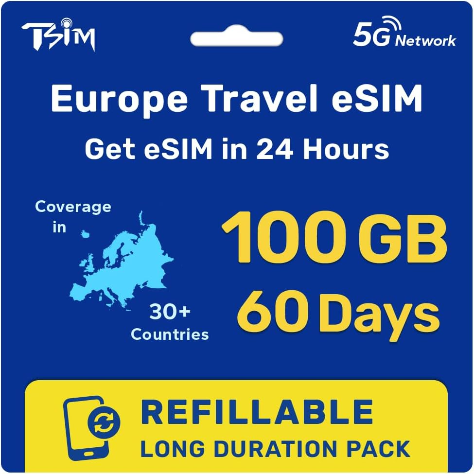Esim for Europe Travel 60 Day 50GB Refillable Long Duration Pack for 36 Countries | Get Esim in 24 Hours | High Coverage Multi-Operator 5G Network | Auto-Activating | Hotspot Allowed image number 5