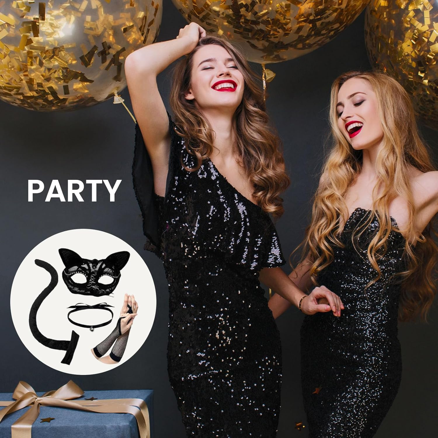 4Pcs Women'S Black Cat Costume Set with Sexy Masquerade Mask Lace Gloves Tail and Bell Necklace Adults Costume Party Cosplay,Cat Mask Bell Choker Lace Fingerless Gloves Set image number 1