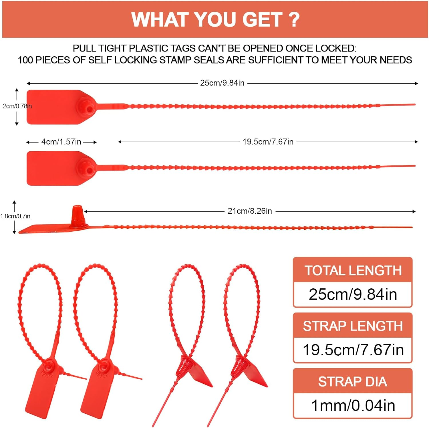 Cozy Core Plastic Tamper Proof Seals, 250Mm Disposable Self-Locking Zip Ties for Fire Extinguishers, Pull Tite Security Tags (Red) (100 Pack) image number 3