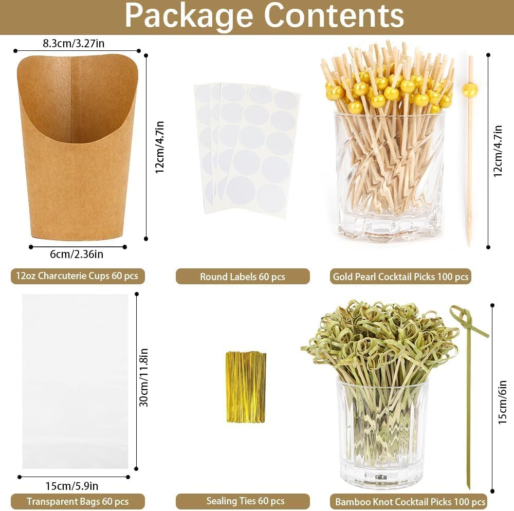 Valentines Day Decorations Charcuterie Cups with Sticks 60 Sets 12Oz French Fry Cups with Cocktail Picks Charcuterie Boards Accessories Party Supplies 60 Cups+200 Sticks+60 Bags+60 Labels