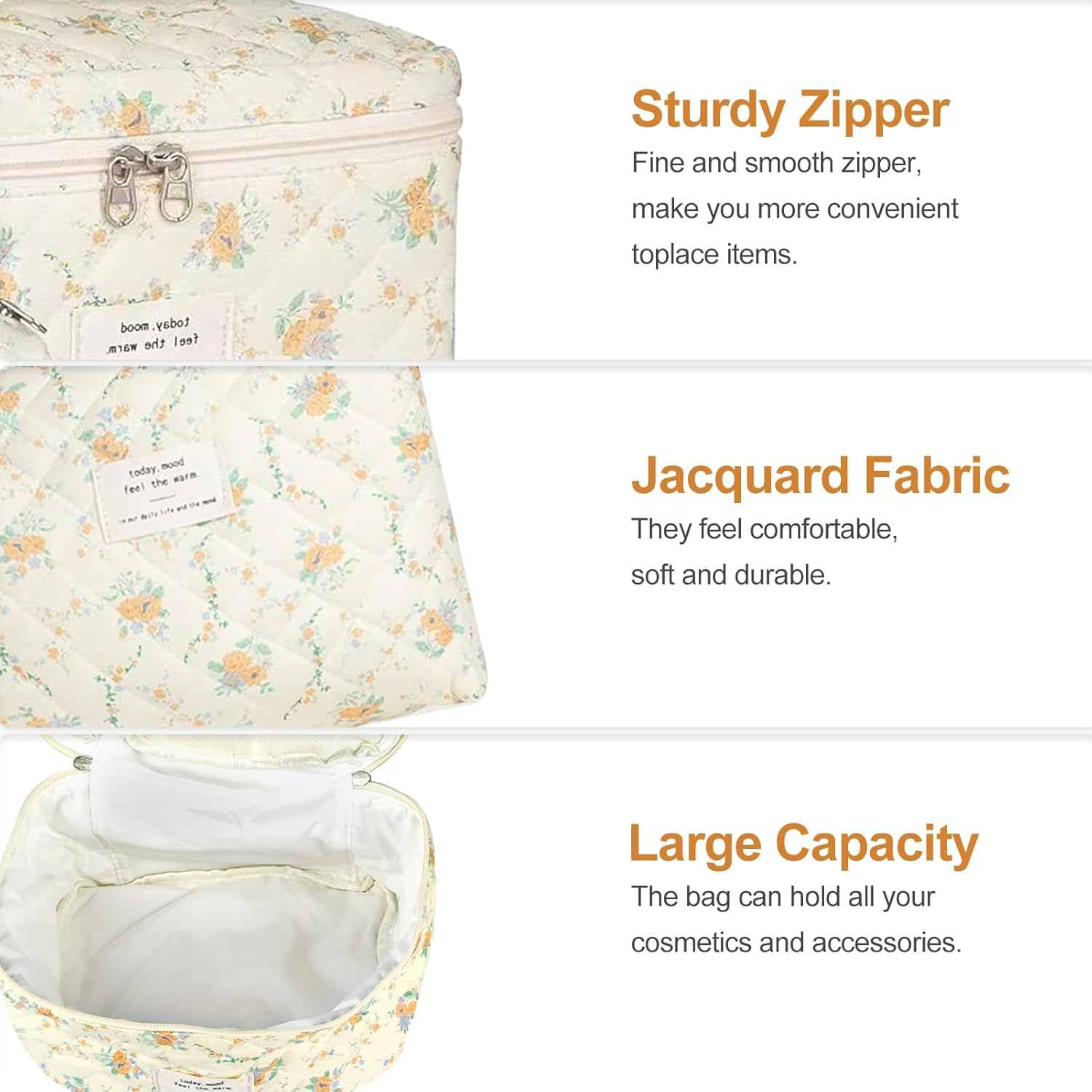 TOPALL Makeup Bag,Cosmetic Bag,Floral Cotton Quilted Makeup Bag,Classic Toiletry Bag,Cosmetic Pouch,Makeup Bag for Women Girls,Orange Flower image number 2