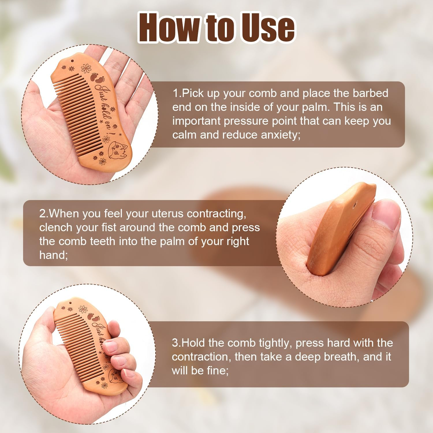 Wooden Labor Comb, Birthing Comb for Labor Pain Birth Comb with Affirmation Labor and Delivery Essentials Labour Gifts for Expectant Mothers Pregnant Women image number 5