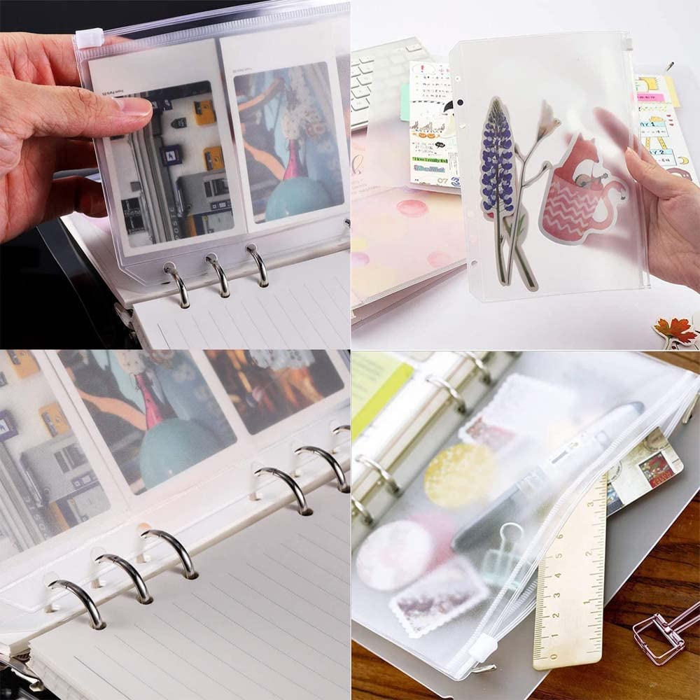 12 PCS Binder Pockets,A5 Size Binder Zipper Folders ，6 Holes Refillable Pouch Document Filing Bags, PVC Loose Leaf Bags for 6 Rings Binder Notebooks Planner[Waterproof] image number 1