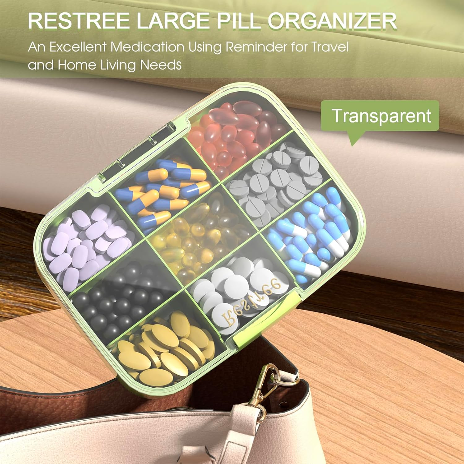 RESTREE Pill Organizer, Portable Pill Dispenser, Moisture-Proof Travel Pill Case for Vitamin, Medicine, Fish Oil/Supplements Extra Large 9 Compartments(Green) image number 4
