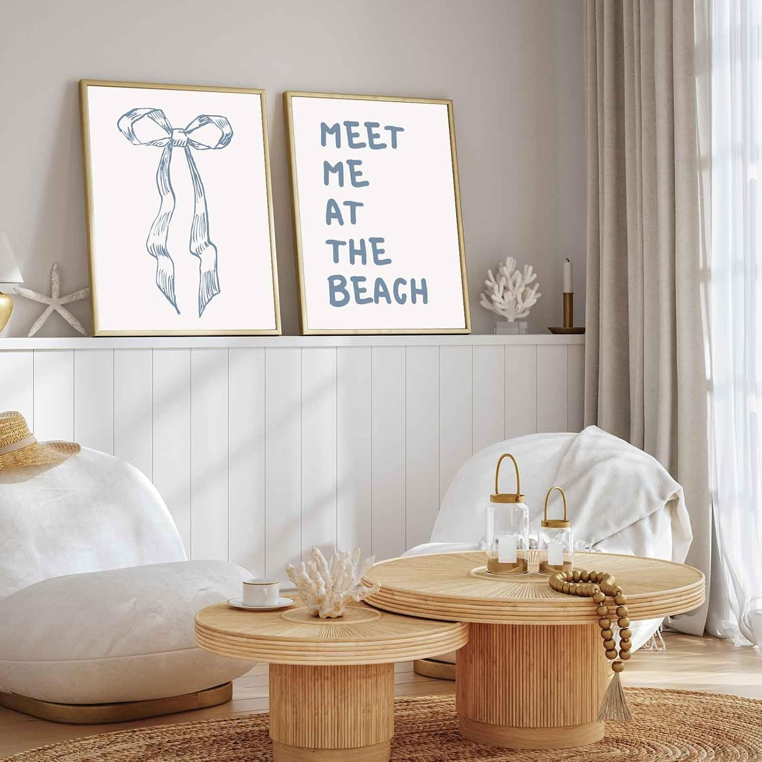 2Pcs Trendy Meet Me at the Beach Wall Art Blue Coastal Granddaughter Hair Bow Prints Beachy Aesthetic Room Decor Posters Preppy Wall Decor Pictures for Girly Dorm Apartment Unframed 12X16In image number 6
