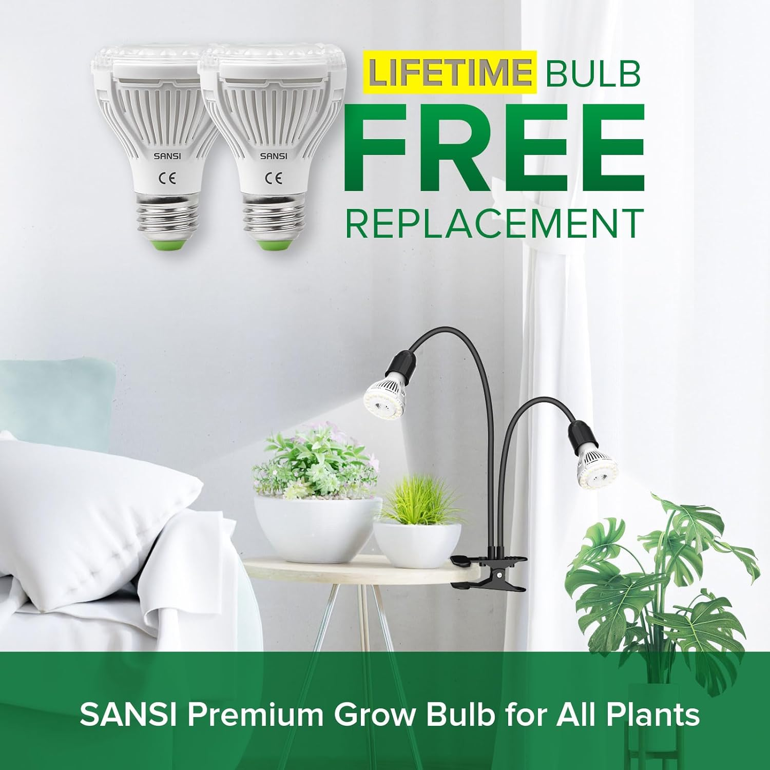 SANSI Plant Lamp 20 W Full Spectrum Growth Lamp, Strong Grip Clip Fixed, 360&deg; Gooseneck, Suitable for Indoor Plant Growth, Garden, Greenhouse, with 2 E27 Plant Growth Lamps, Metal