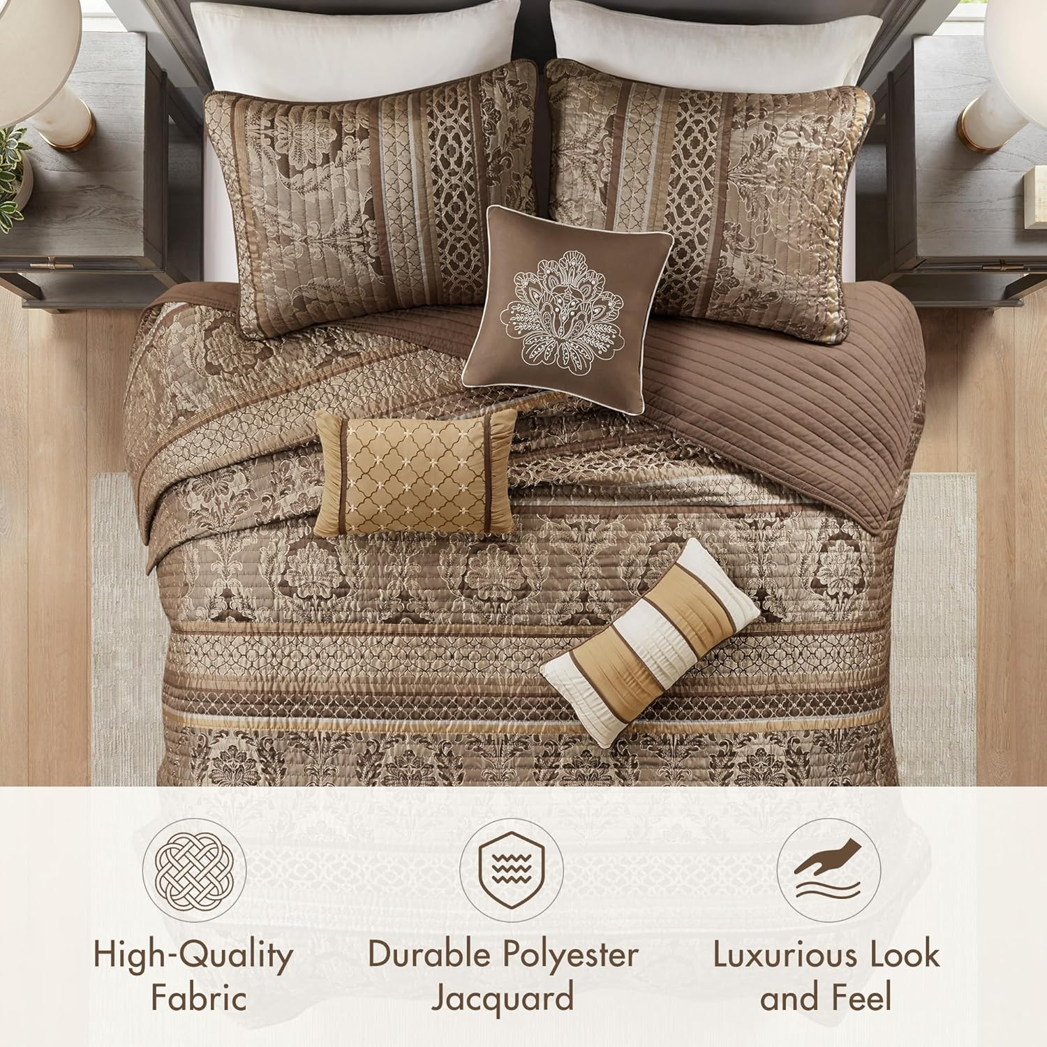 Madison Park Bellagio 6 Piece Quilted Coverlet Set, Full/Queen, Brown/Gold image number 6