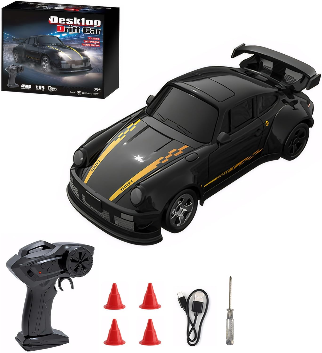 Mini RC Drift Car with Lights, 1:64 4WD 2.4Ghz Full Proportional Remote Control Car for Kids Adults (Black) image number 2