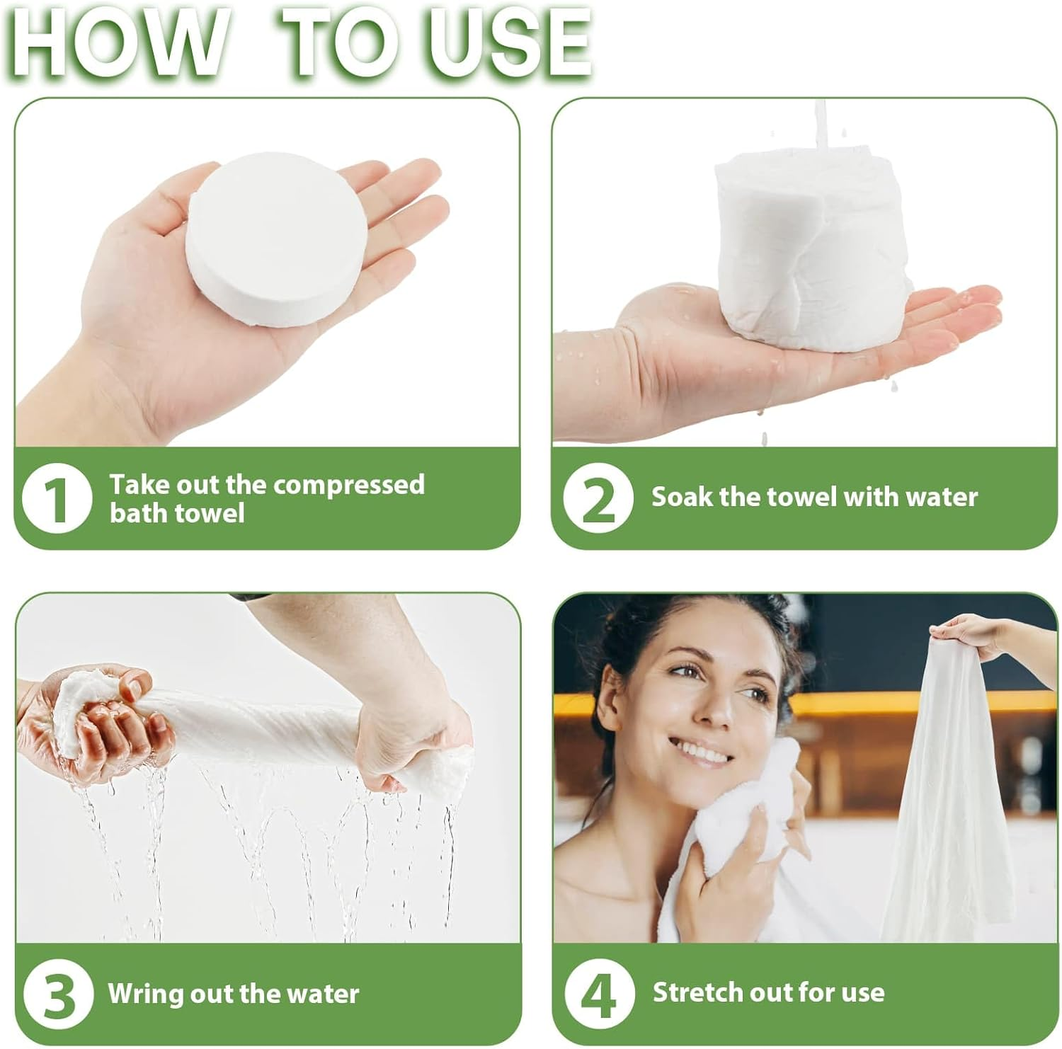 Compressed Towel Tablets Disposable Bath Towels for Travel, 140 X 70 Cm Large Face Cloth Compact Reusable Body Washcloths for Hotel Bathroom Camping Beach Swimming Vacation(24 Pack Green) image number 2