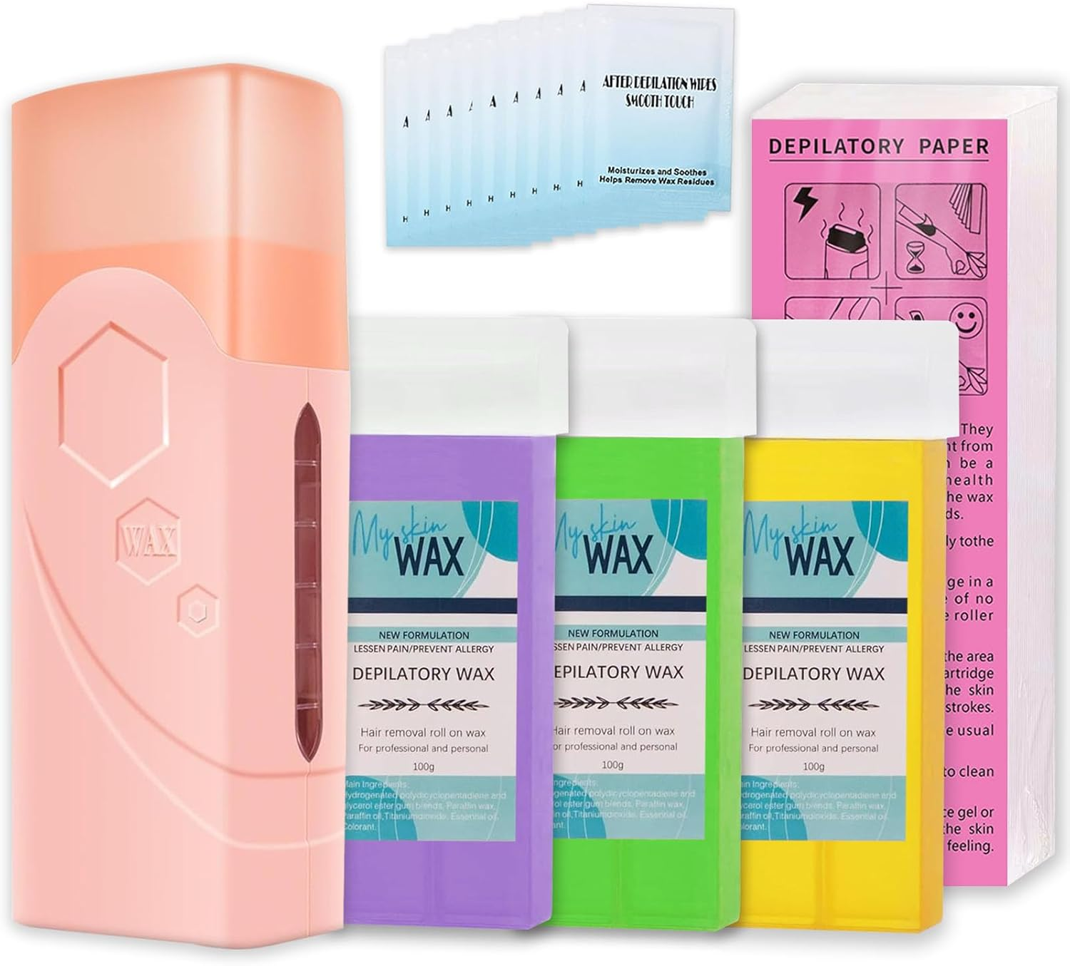 Roll on Wax Kit, Roller Wax Kit for Coarse/Fine Hair Removal for Women, Quick and Skin-Friendly Beginners Waxing Roller with 3 Pcs 100G Roll Cartridge, 100 Non-Woven Strips & 10 after Wipes (F1_Pink) image number 2