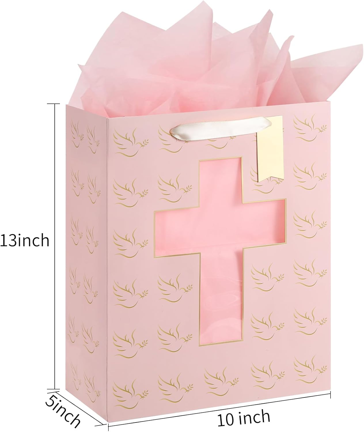 Sawnfay Pink Gift Bag - 25.3 X 12.7 X 33Cm, Baptism Gifts for Baby Girl, Christening, First Communion, Religious Events, with Cross Cut Window Design and Tissue Paper image number 6