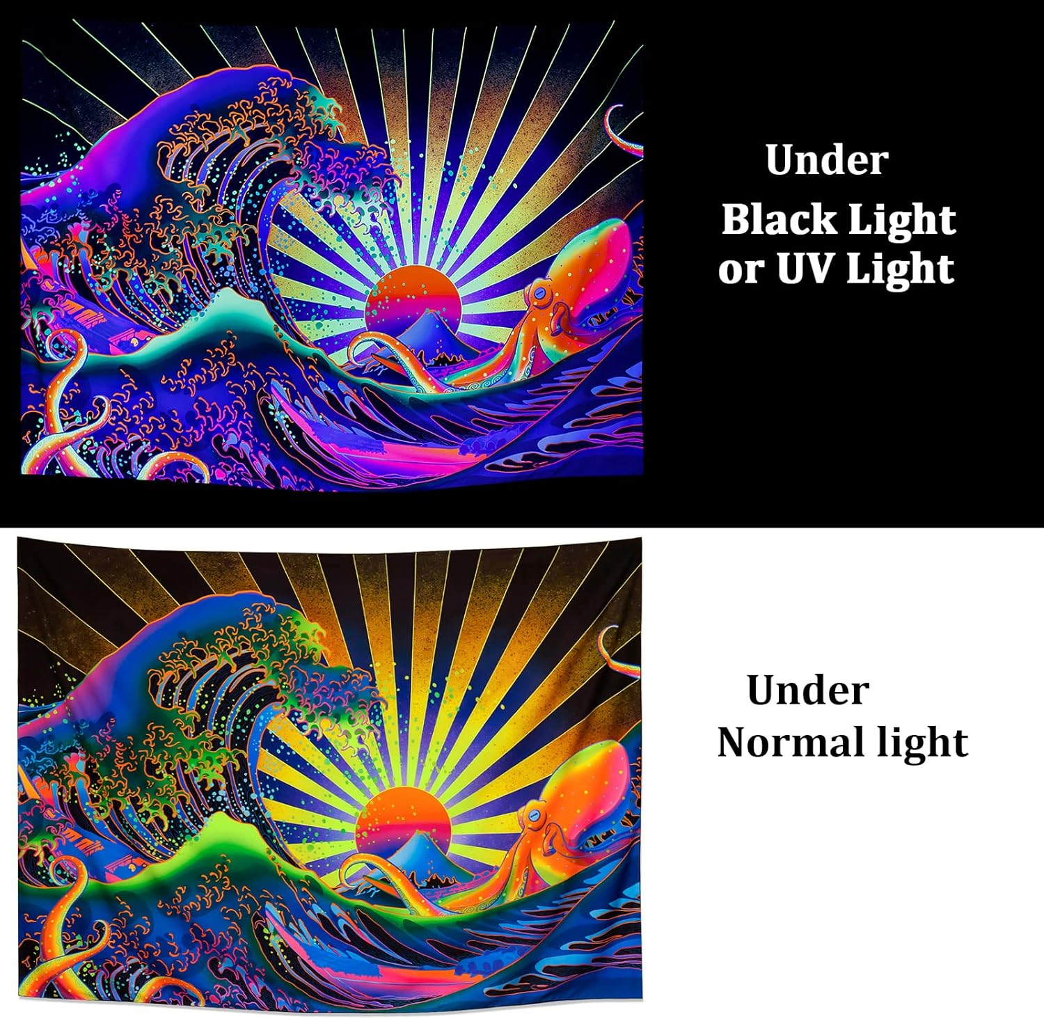 Blacklight Tapestry Great Wave Tapestry UV Reactive Japanese Kanagawa Sunset Tapestry Vintage Ocean Wave Octopus Tapestry Wall Hanging for Bedroom Backdrop image number 5