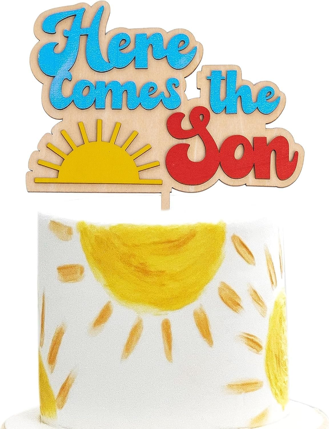 Colorful Baby Birthday Cake Topper -&ldquo;Here Comes the Son&rdquo; Sun Wooden Cake Decorations，Becomes Birthday the Focus of Cake Decoration, Suitable for Boy Birthday Party, Baby Baptism Decoration image number 3