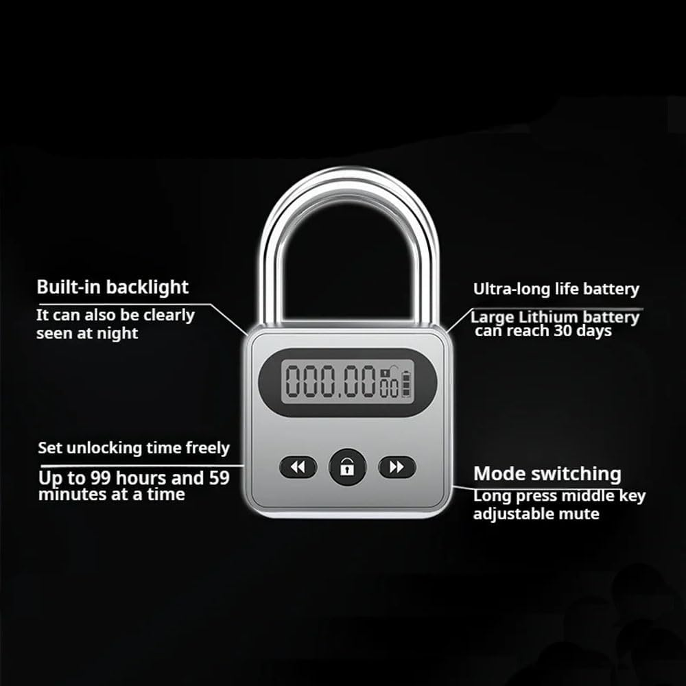Meichoon Metal Timer Lock Stainless Steel Multi-Function Intelligent Padlock Backlit Display 999 Hours Max Timing for Preventing Addiction and Bad Habits Silver - Bronze image number 5