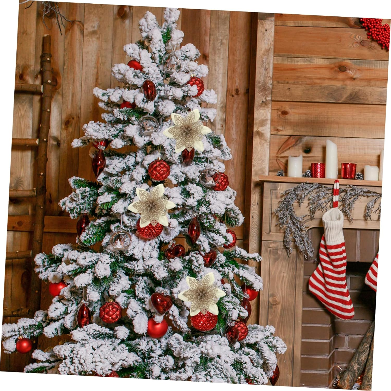 12Pcs Artificial Poinsettia Flowers Glitter Decorations for Christmas Tree Wreath Garland Realistic Holiday Ornaments for Home Party and Festive Decor image number 4