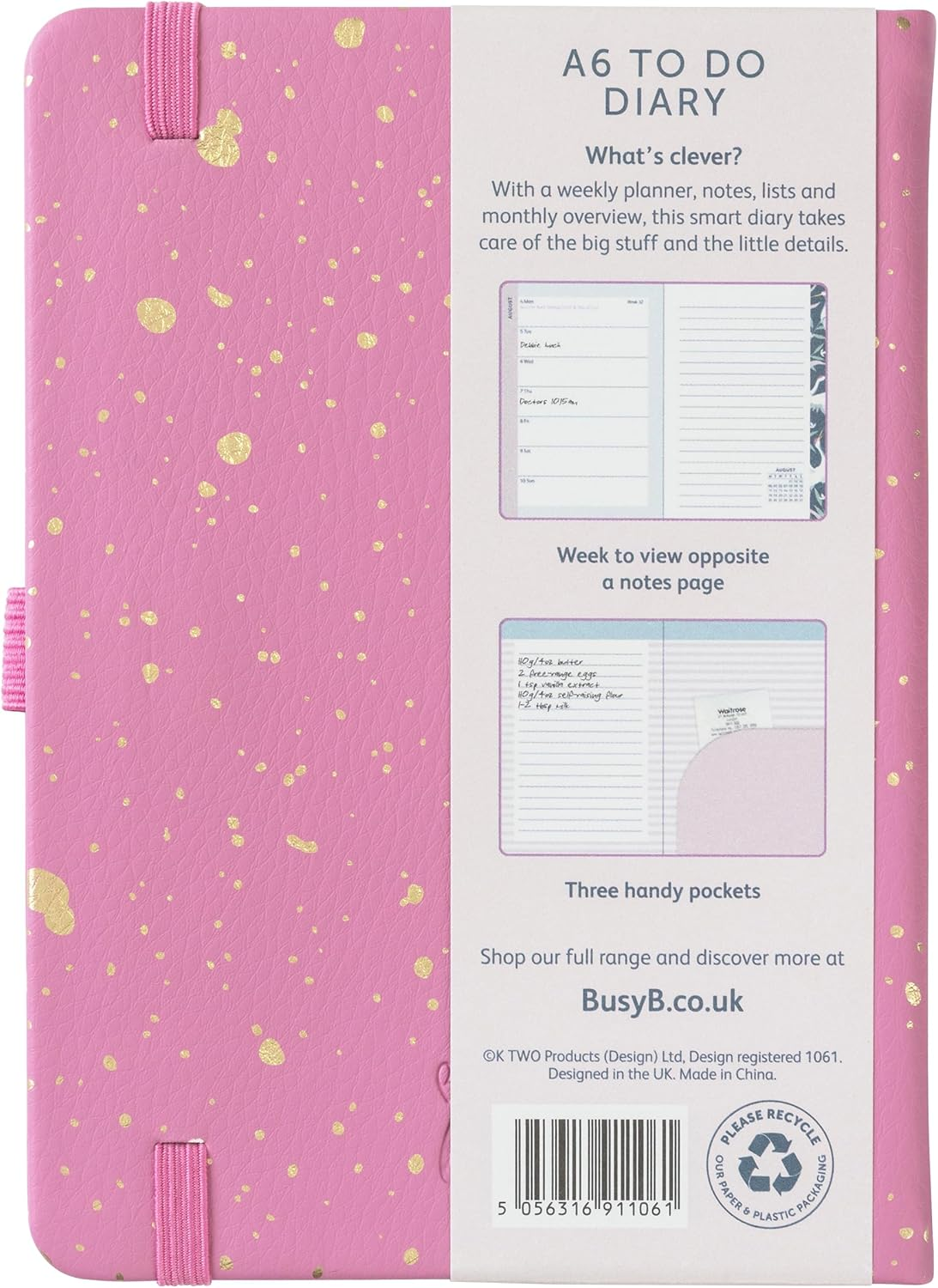 Busy B 2025 Diary A6 Weekly Planner with To-Do Lists & Notes Pages &ndash; Compact Fuchsia Faux Journal - Week-To-View Layout, 3 Pockets & Year Planner