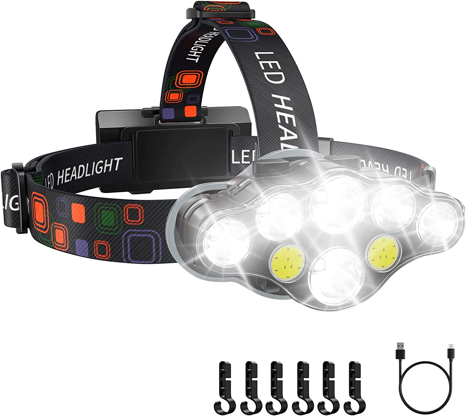 Rechargeable Headlamp, 8 LED Bright Headlamp with Red Light, IPX4 Waterproof USB Headlight, Head Lamp, 8 Modes for Outdoor Running Hunting Hiking Camping Gear image number 2