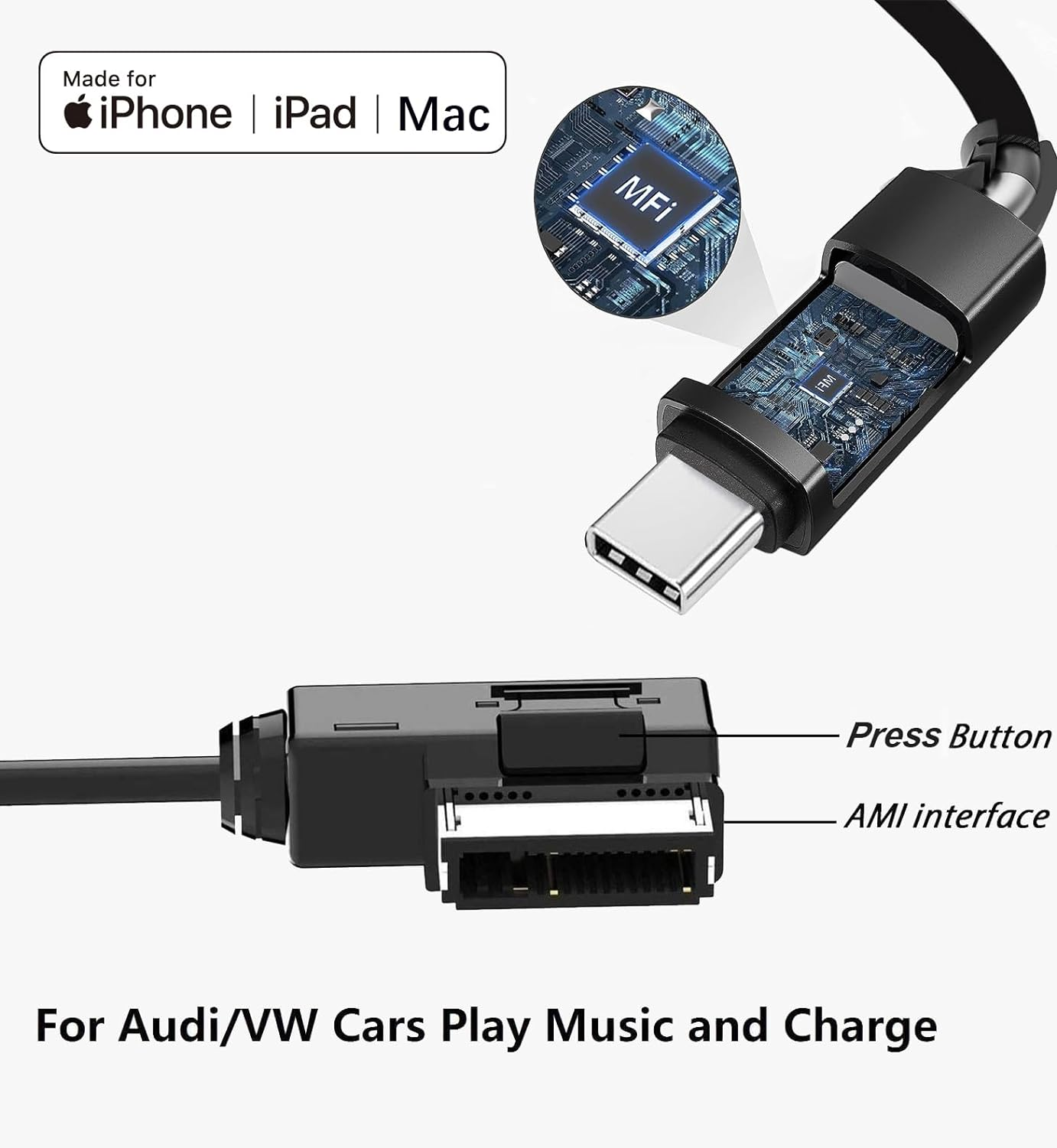 USB-C to AMI MMI Aux Cable for Apple Iphone 15/ Ipad Pro Compatible with Audi A3/A4/A5/A6/A7/A8/S4/S6/S8/Q5/Q7/R8/TT 2011-2016, VW CC Magotan with MMI 3G System (3.3FT), AS20240319