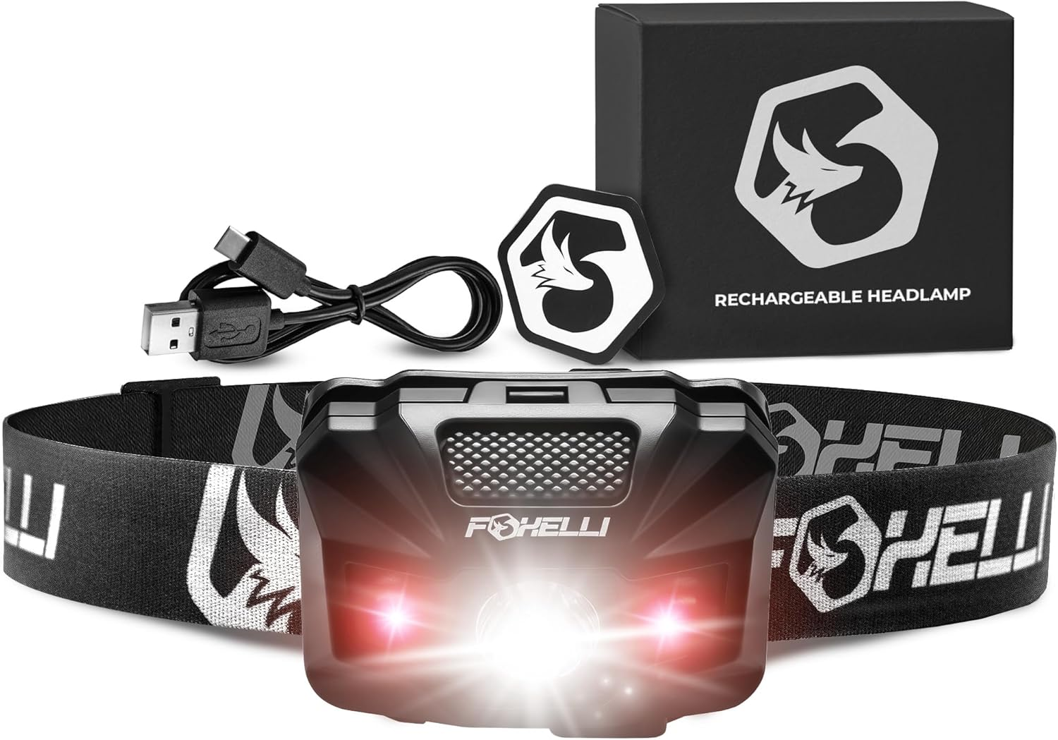 Foxelli USB‑C Rechargeable LED Headlamp, Ultra Light 2.4Oz and 180 Lumens Bright, Red/White Light, 5 Modes, IPX5 Waterproof, 40 Hours Running Time image number 2