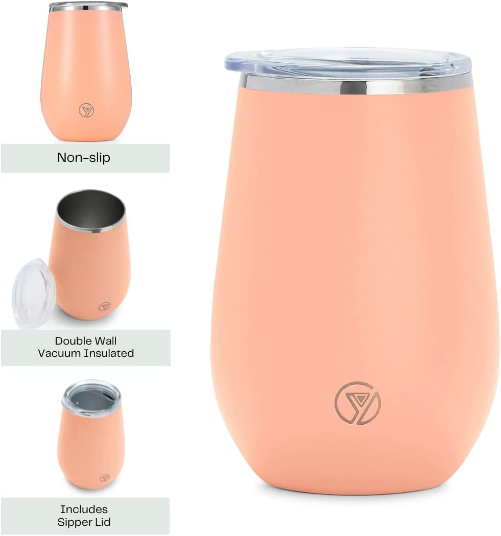 Stylish Stemless Cocktail Wine Glass Tumbler 12Oz - Double Wall Insulated Cup - Splash Proof Lid - Food Safe - Non-Corrosive Stainless Steel with Anti-Slip Powder Coating (Blush Rose Gold) image number 1