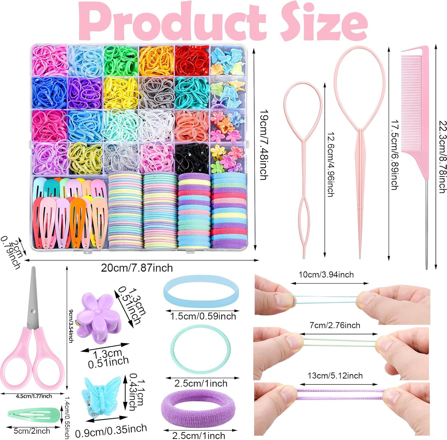 Hair Accessories Set - 1543 Pcs Elastic Bands in 20 Colors, Baby Ties, Tail Tools, Rat Tail Comb, Butterfly Clips with Organizer Box for Girls - Multicolor image number 1