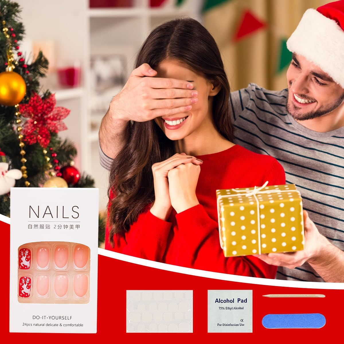 Folmywy Christmas False Nails 24Pcs Artificial Nails Fake Fingernails Press on Nails Full Cover Nails for Women Girls Christmas DIY Glossy Red Reindeer Nail Art Decor image number 1