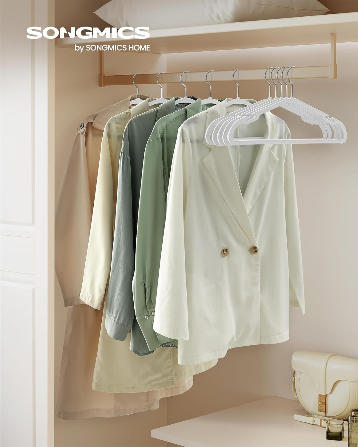 SONGMICS Coat Hangers, Pack of 50, Heavy-Duty Plastic Hangers, with Wide Shoulder Notches, Trousers Bar, 360&deg; Swivel Hook, Space-Saving, 41.6 X 21.4 Cm, for Wardrobe, Cloud White UCRP060W01 image number 3