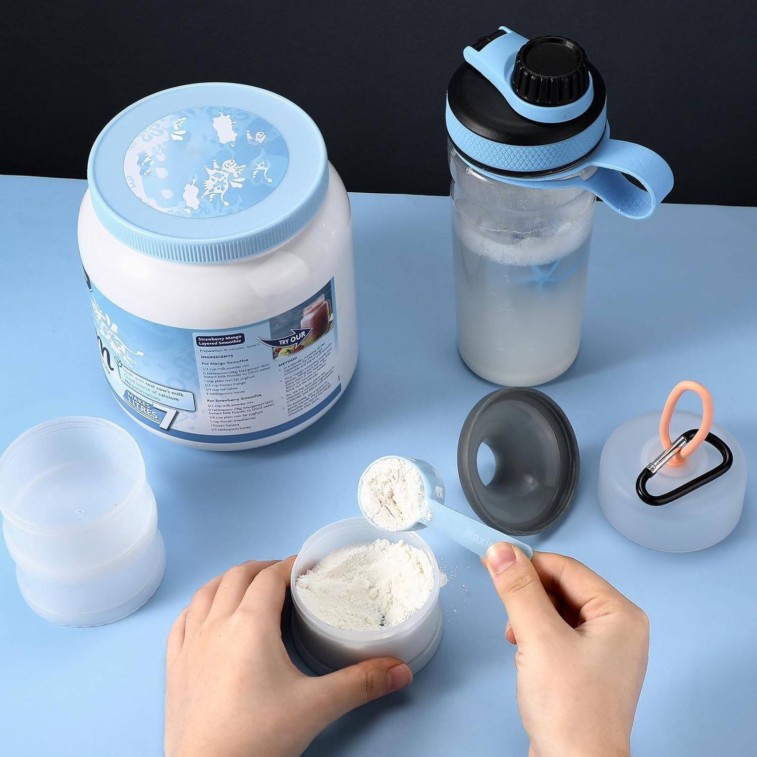 Baderke 2 Pcs Protein Container with Funnels Stand, 4 Stackable Leakproof Dispenser, Portable Keychain Container for Workout, Fitness, Travel (Gray, White) image number 5