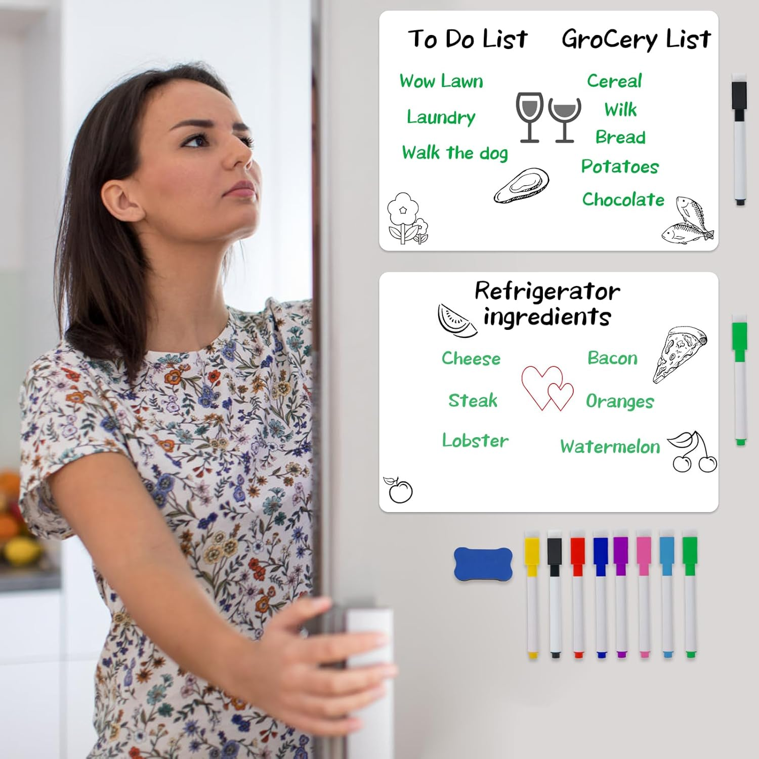 A4（11.6X8.2 Inch） 2 Pcs White Magnetic Dry Erase Whiteboard for Fridge,Small Fridge Message White Boards 8 Markers,1 Eraser,Grocery List Reminder Sticker image number 4