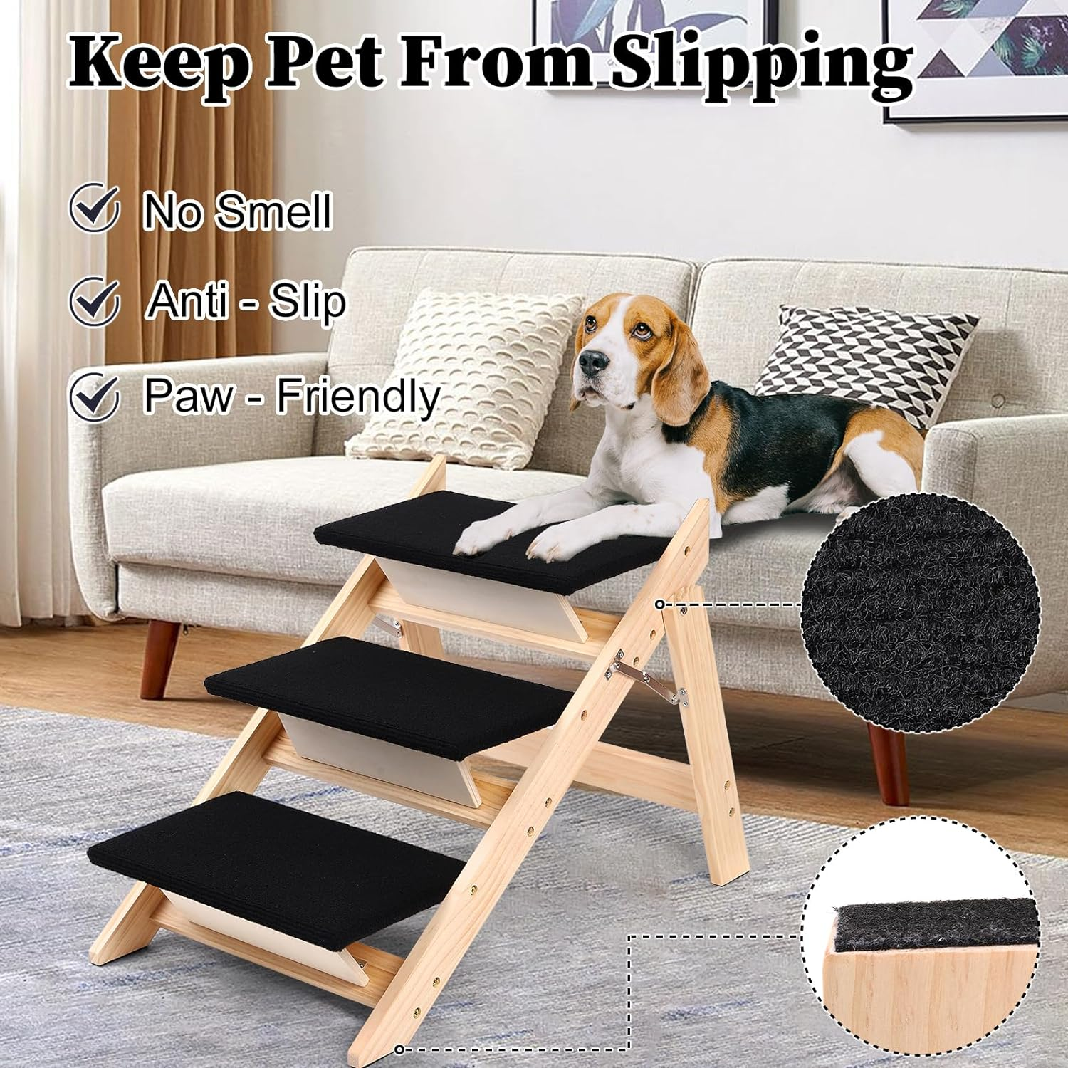 Pet Stairs/Steps, 2-In-1 Foldable Wood Dog Stairs with Non-Slip Pads for High Beds, Sofa, Couch, Car, Durable Portable Cat Ladder up to 150 Lbs, 3 Steps image number 3