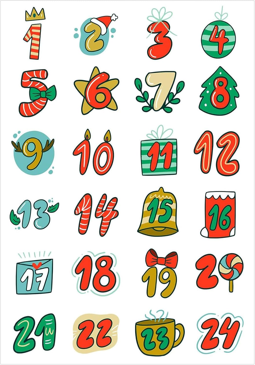 Christmas Countdown Decals | 1-24 Christmas Card Envelope Stickers - Sealing Stickers for Cookie Bag Labels