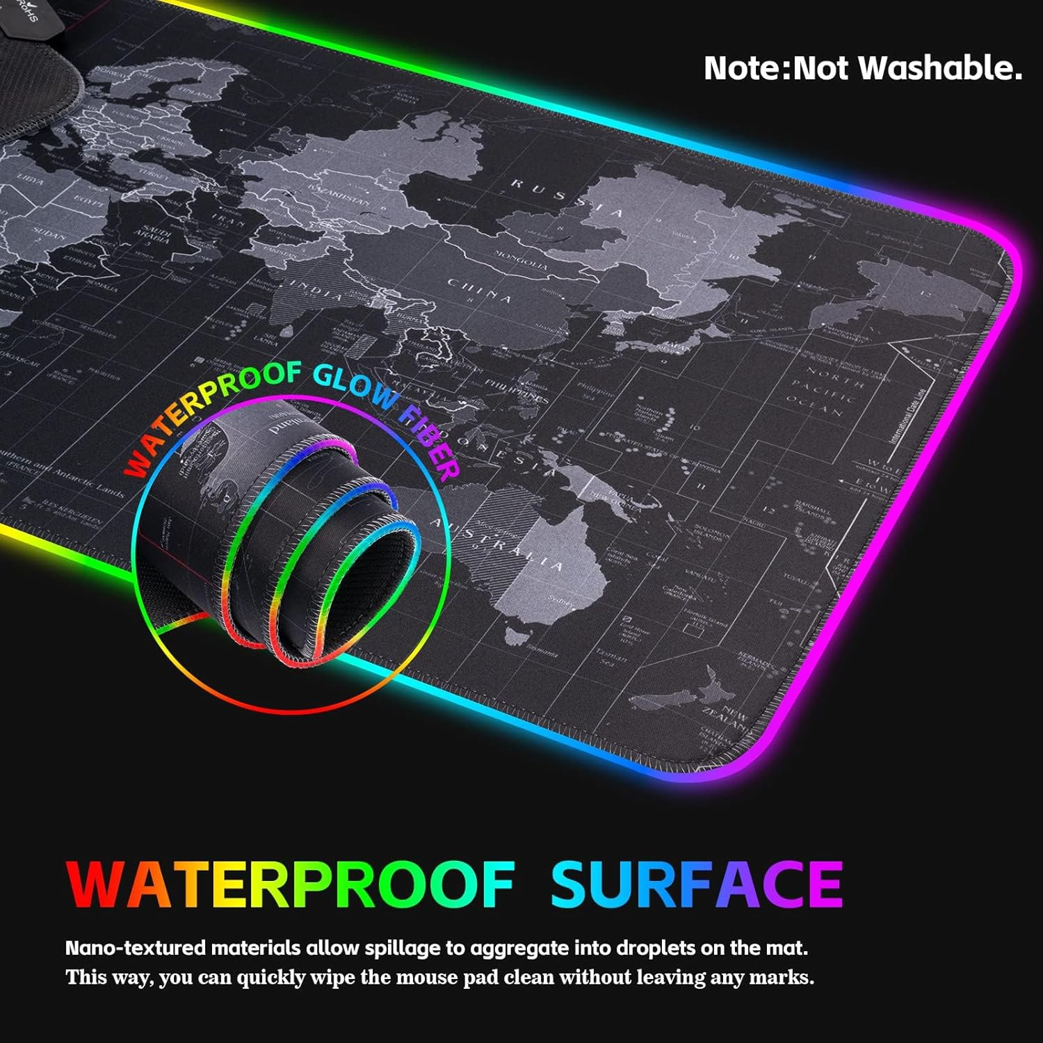 RGB Mouse Pad, Large XXL 80 X 30Cm, World Map, Polyurethane & Rubber, Gaming & Office, LED Lights, Non-Slip Base, Edge Stitching, Plug & Play Memory Function image number 2
