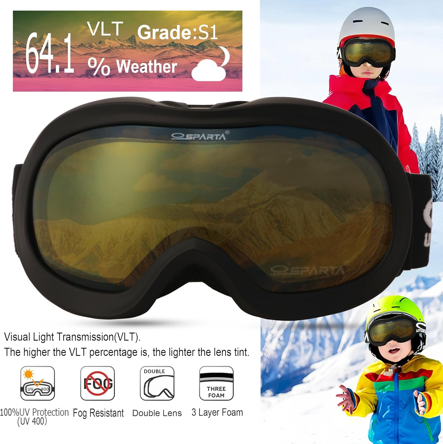 OUTDOOR SPARTA Kids Ski Goggles, Kids Snowboarding Goggles for Boys Girls Toddler Age 3-14 with 100% UV Protection - 10. Dark Pink Frame, Full Lens Mirrored Blue image number 4