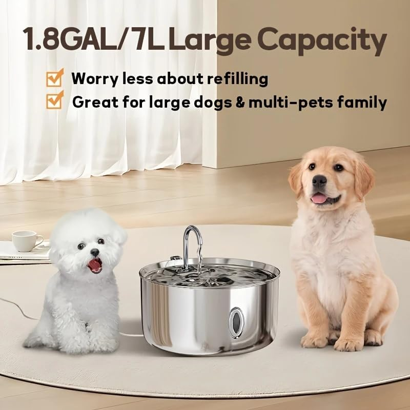 Dog Cat Water Fountain for Dogs and Cats 7L/236Oz Stainless Steel Dog Bowl Dispenser Automatic Pet Water Fountain with Deeper Drinking Area, Multi-Filtration Pet Fountain with 1 Filter image number 1