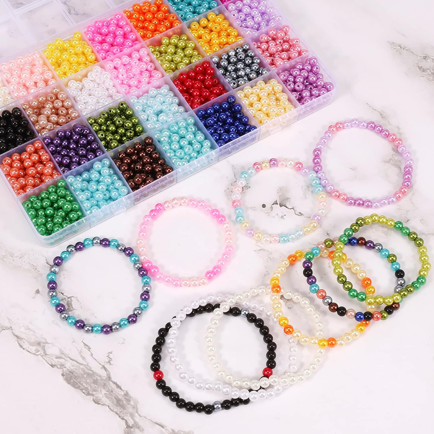 CAOLINLINGG 1960Pcs Bracelet Beads Kit with Storage Box 28 Colors Beads Making Kit DIY Craft Beads Set 6Mm Jewellery Beads Kit Bright Color Jewelry Making Kit Portable for Women Adult Teen Girls DIY L image number 6
