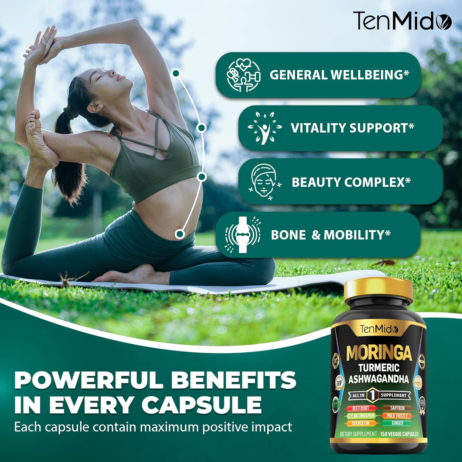 Moringa Oleifera Supplement for Men and Women, 10In1 Formula with Turmeric, Ashwagandha, Ceylon Cinnamon, Beet Root, Saffron & More - 150 Capsules image number 6