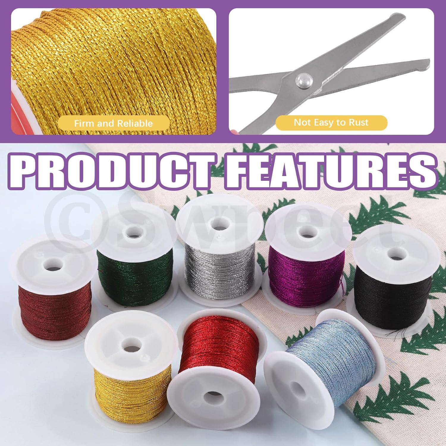 Swpeet 9Pcs 8 Colors 55 Yards Metallic Elastic Cords with Scissors, Metallic Cord Tinsel Rope, Metallic Stretch Cords Elastic Cords Ribbon for Craft Gift Wrapping Christmas Jewelry Making image number 6