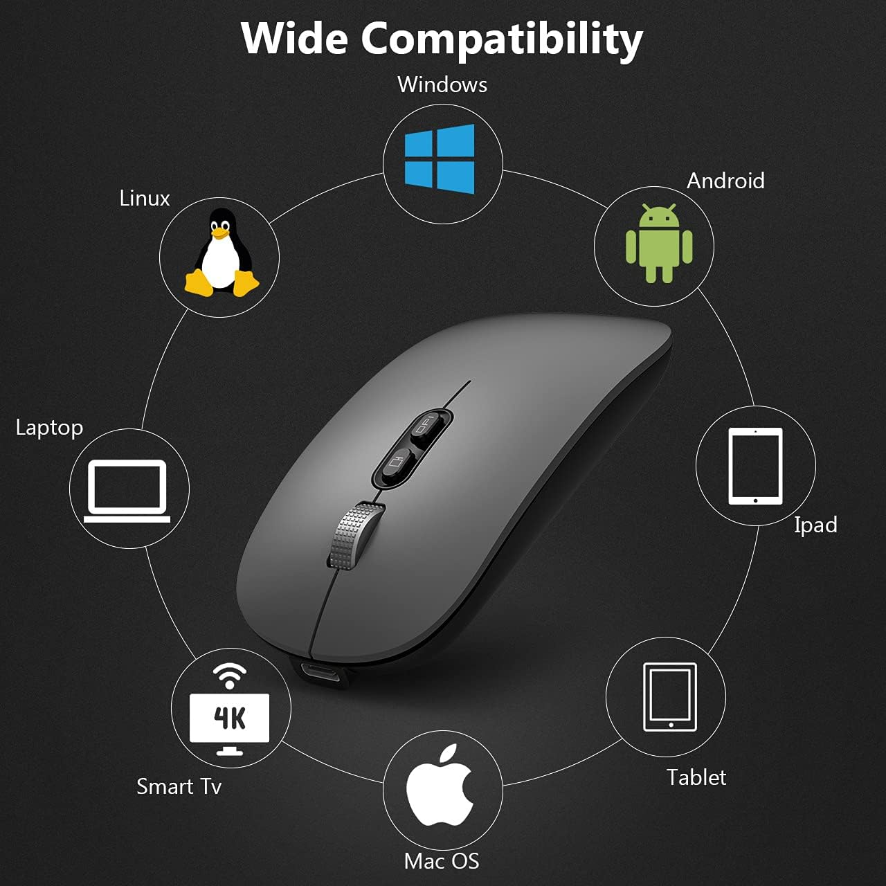 Bluetooth Mouse, Akrobo Rechargeable Wireless Mouse with Dual Mode (Bluetooth 5.1 + 2.4G Wireless),Ergonomic Portable Silent Computer Mouse for Laptop Android Windows Mac OS, Gray image number 3