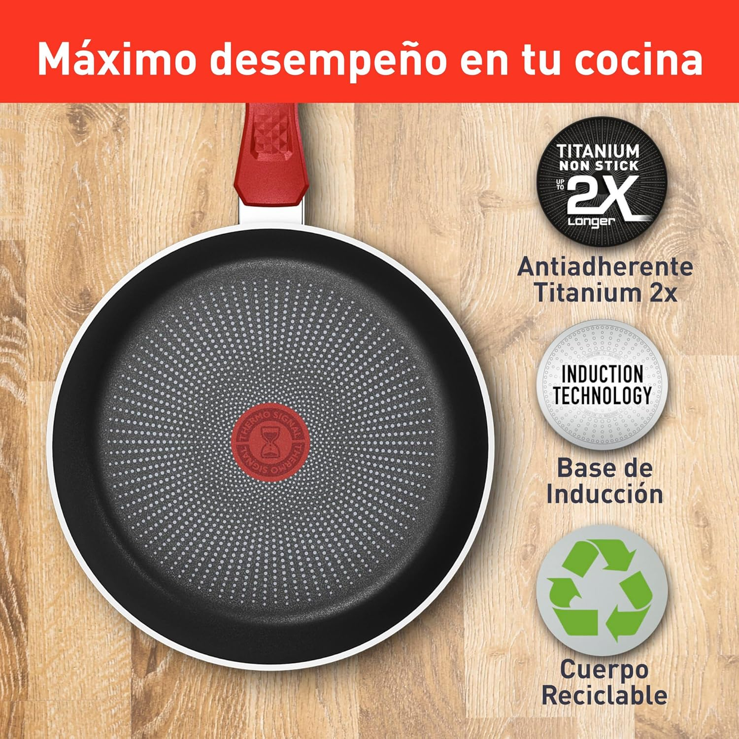 Tefal Daily Expert Red Non-Stick Frypan, 28Cm, C2890602, Fixed Handle Aluminium, Titanium Non-Stick Coating, Thermo Signal Technology for Easier Cooking, Suitable for All Cooktops, Oven Safe image number 5