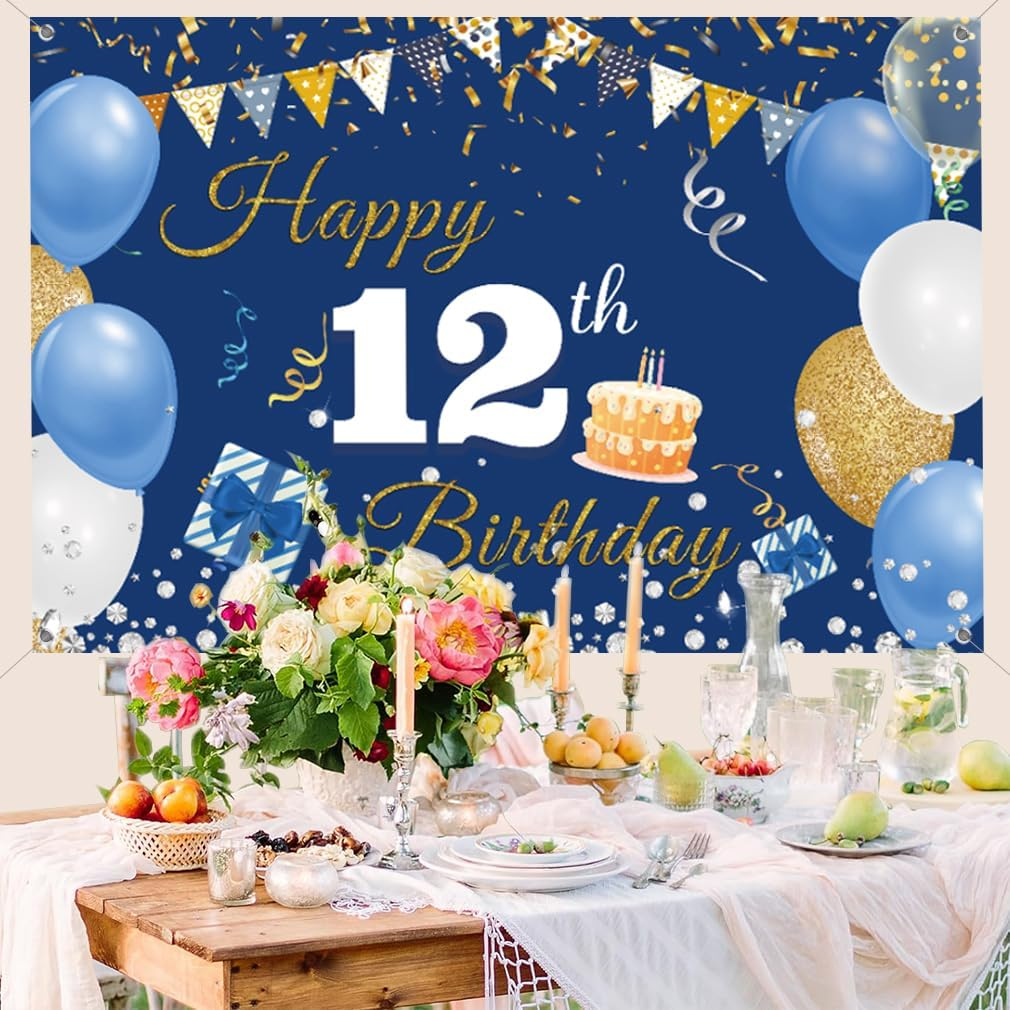 12Th Birthday Decorations Backdrop Banner for Boys/Girls Happy 12 Years Old Fabric Sign Poster, Blue Photography Background 12Th Birthday Party Supplies, 59"X35.4"