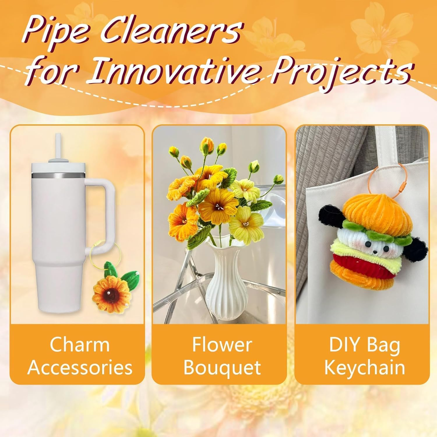 Pipe Cleaners Craft, Sunflower Color Set, 5 Colors 500Pcs Thick & Durable Chenille Stems Fuzzy Sticks Craft Supplies Pipe Cleaners for DIY Art and Craft Creative Gift Party Decorations image number 4