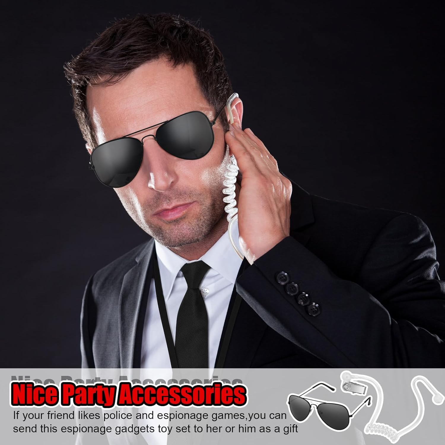 Mepase Set of 10 Agent Costume Accessory Kit Secret Security Guard Costume Adjustable Pretied Zipper Tie Black Sunglasses ID Badge Prop Earpiece for Men Halloween Party Cosplay Game, as Shown in The image number 5