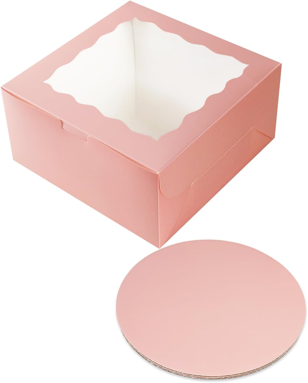 Qiqee 10X10X5 Inch Cake Box, 5 Sets Pink Cake round Boards ＆ 5 Sets 10 Inch Pink Cake Box with Window, Cake Containers(25.4X25.4X13Cm) image number 4