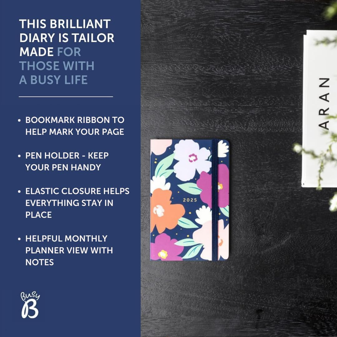 Busy B Pocket Weekly Planner Diary 2025 - Compact Diary for Students, Teachers, Work & More with Week-To-View Layout, Monthly Planners, Notes Pages, Storage Pocket & Elastic Closure Band - Navy Daisy