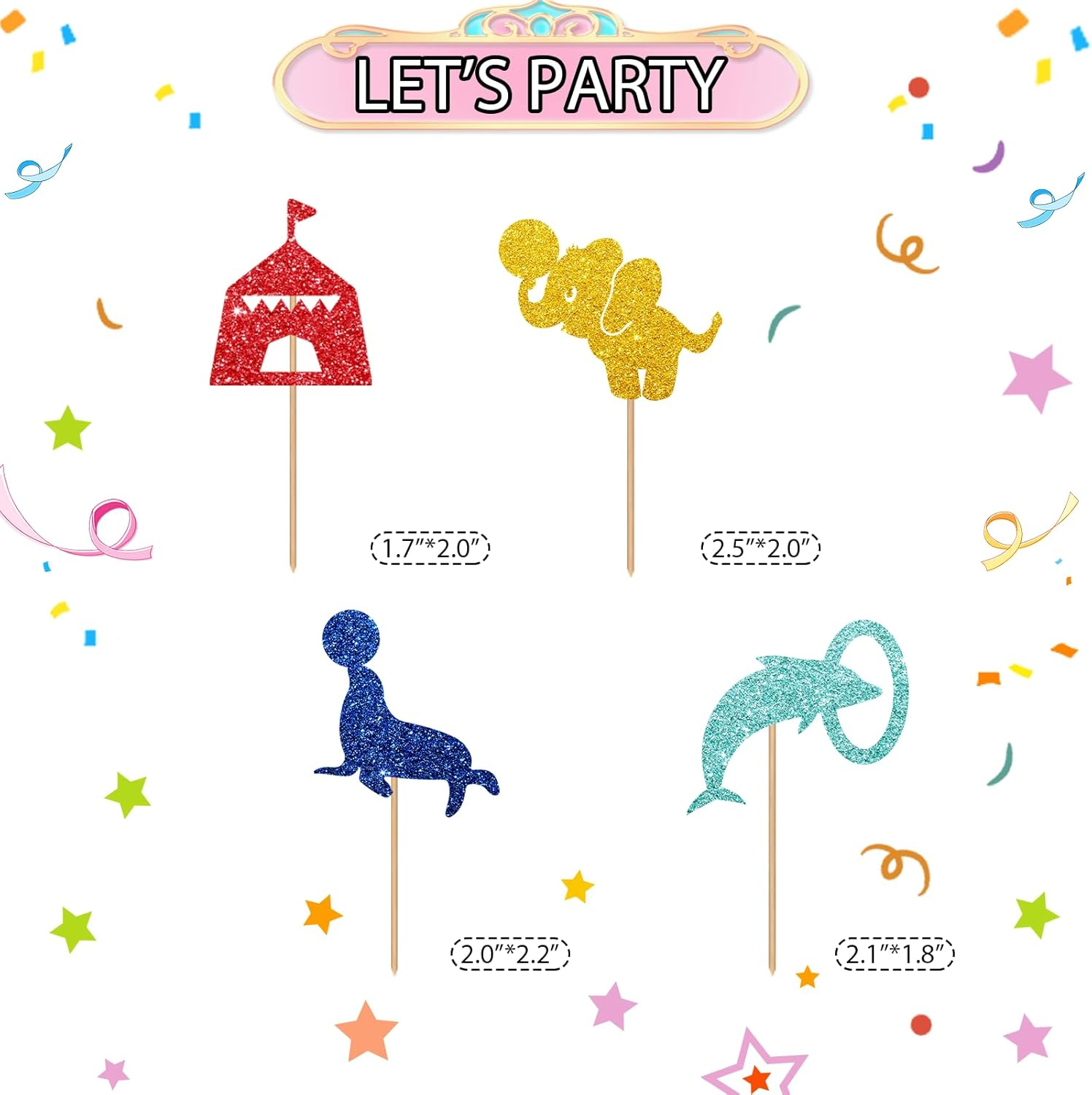 24Pcs Circus Cupcake Toppers, Circus Animal Cupcake Toppers, Colorful Glitter Carnival Cake Decoration for Kids, Carnival Themed Baby Shower/Birthday Party Supplies image number 4
