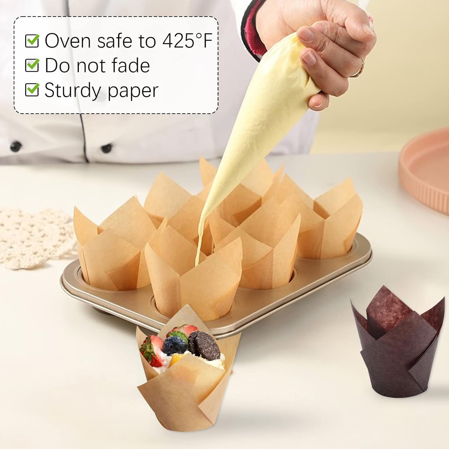 300Pcs Tulip Cupcake Liners, XIACIBDUS Muffin Baking Cupcake Cups, Rustic Cupcake Wrapper, 3 Colors Grease Proof Baking Cup Holders for Party Wedding Birthday Christmas image number 5