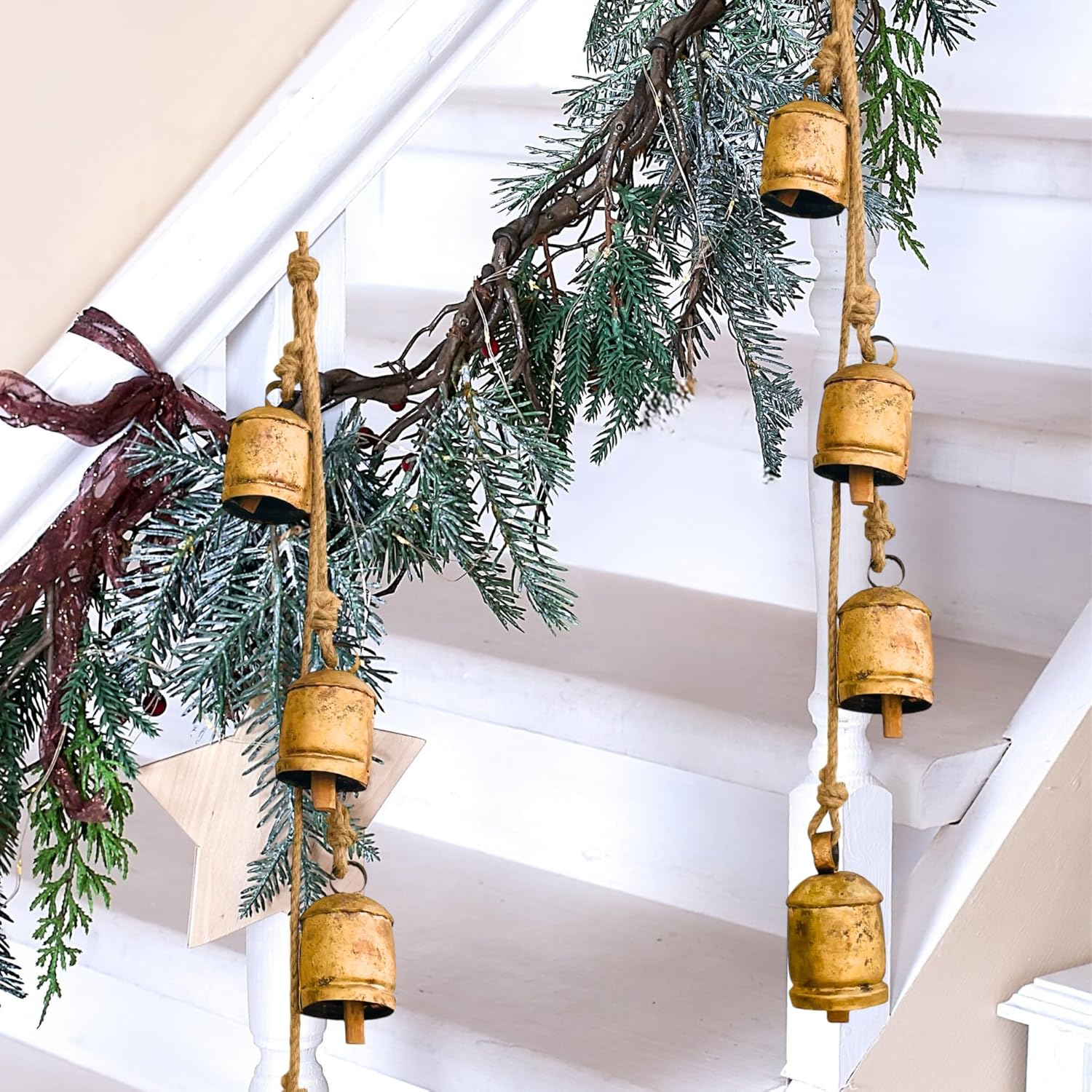 Mie Creation 4 Rustic Bells Cluster, Vintage Christmas Cow Bells on Jute Rope, Handmade Metal Wall Hanging Decor, Iron Cowbells, Christmas Decorations Ornaments for Holidays- Antique Gold 30 Inch image number 3