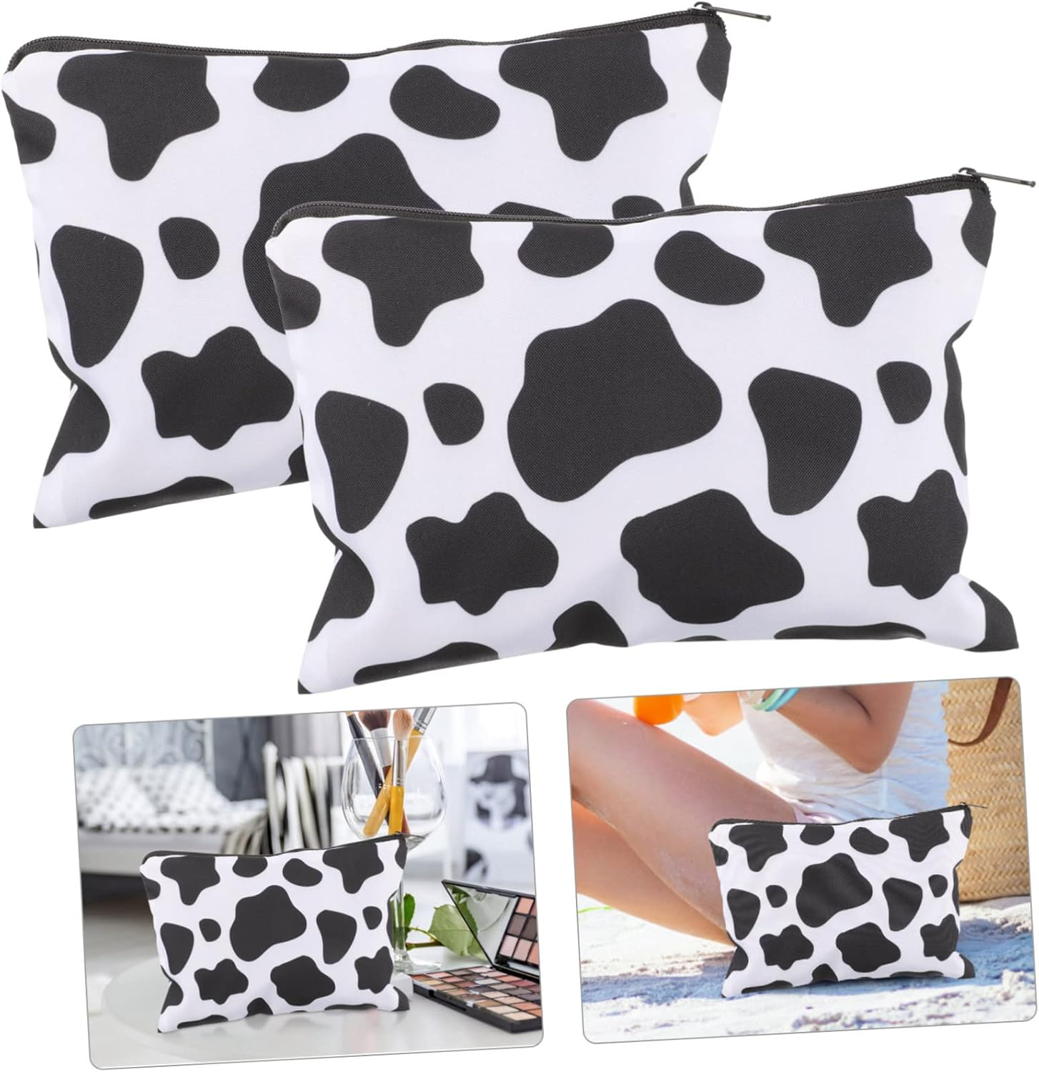 Makeup Bags Travel Cosmetic Organizer 2Pcs Large Square Black and White Cow Print Toiletry Pouch for Girls Portable Multifunctional Storage image number 2