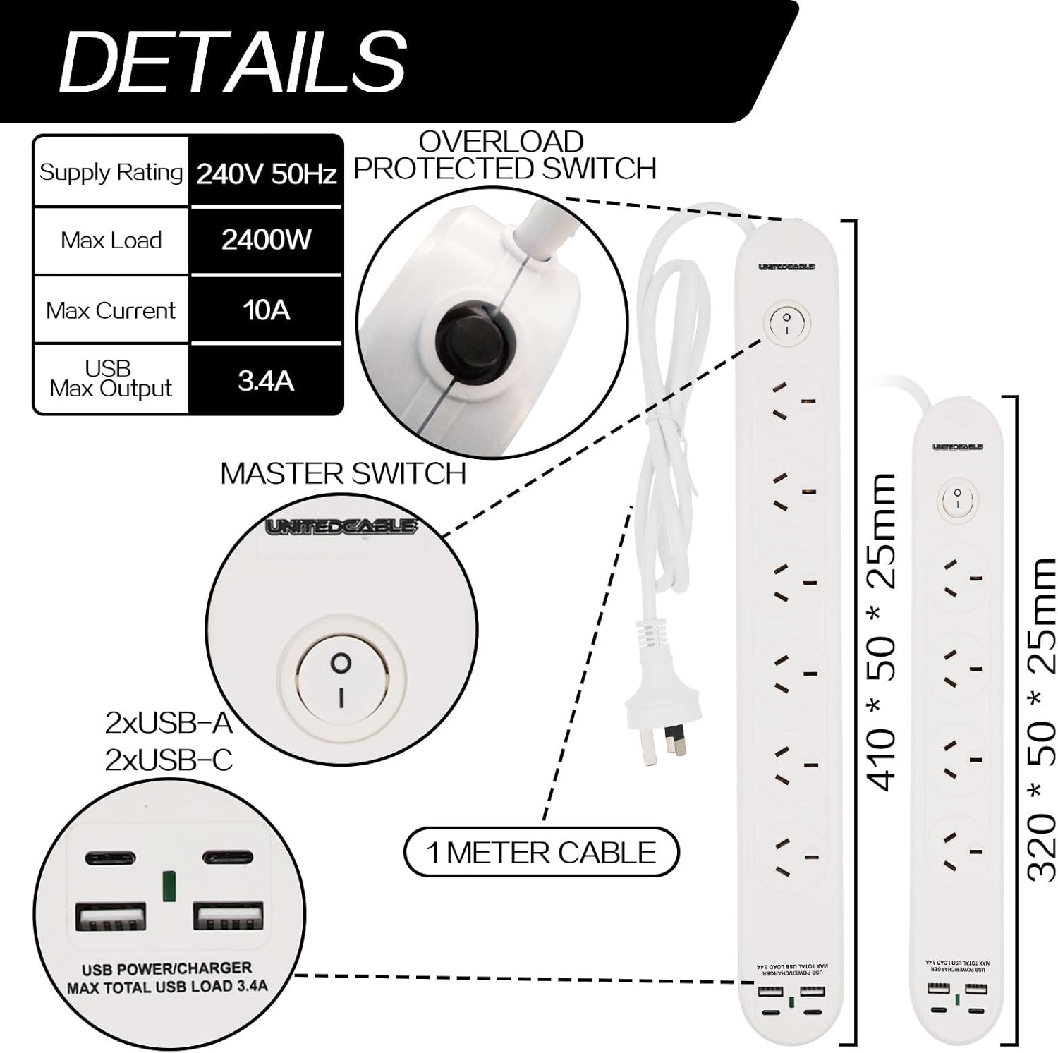6 Outlets Power Board Overload Protection with 2Xusb-A 2Xusb-C,Power Board with Protected Indicator Light with 1 Meter Cable SAA Apporved Safety Wall Mounted 6 Outlets with 2Xusb-A/2Xusb-C Ports image number 2